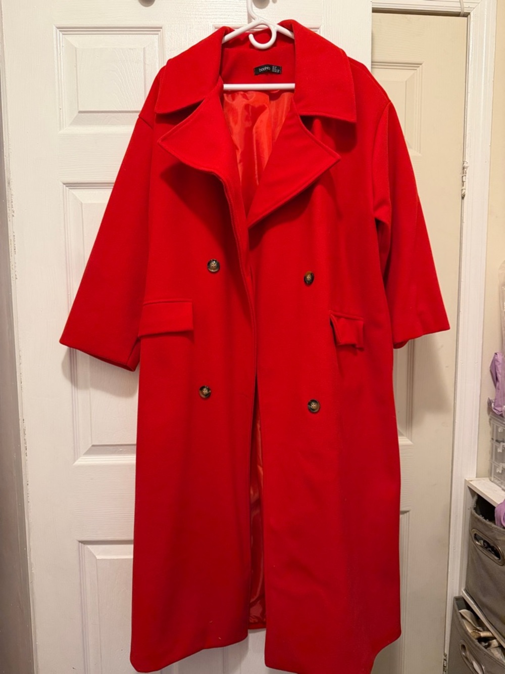 Boohoo Bright Red Double-Breasted Long Trench Coat